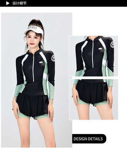 Swimsuit Female Student Sports Girl Conservative Split Boxer Long-Sleeved Swimsuit Hot Spring New 2025 Sun Protection Slimming Look