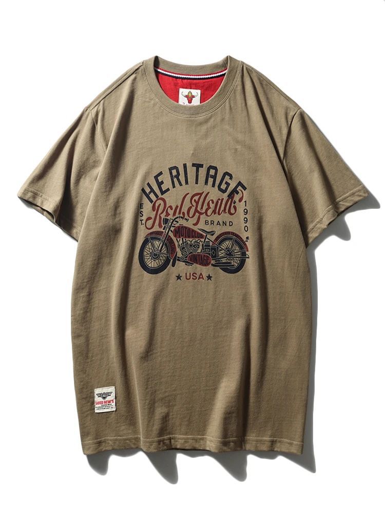 Summer men's American retro 220g technology sanding heavy industry wash cotton Ami khaji printed short sleeve solid color T-shirt