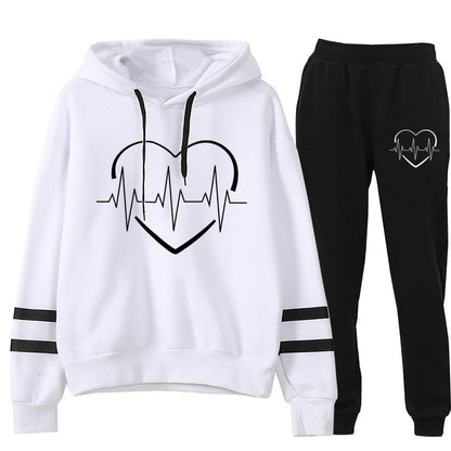 Cross-border foreign trade Europe and the United States electrocardiogram love printing long sleeve parallel bars striped sweater pants suit autumn and winter European size