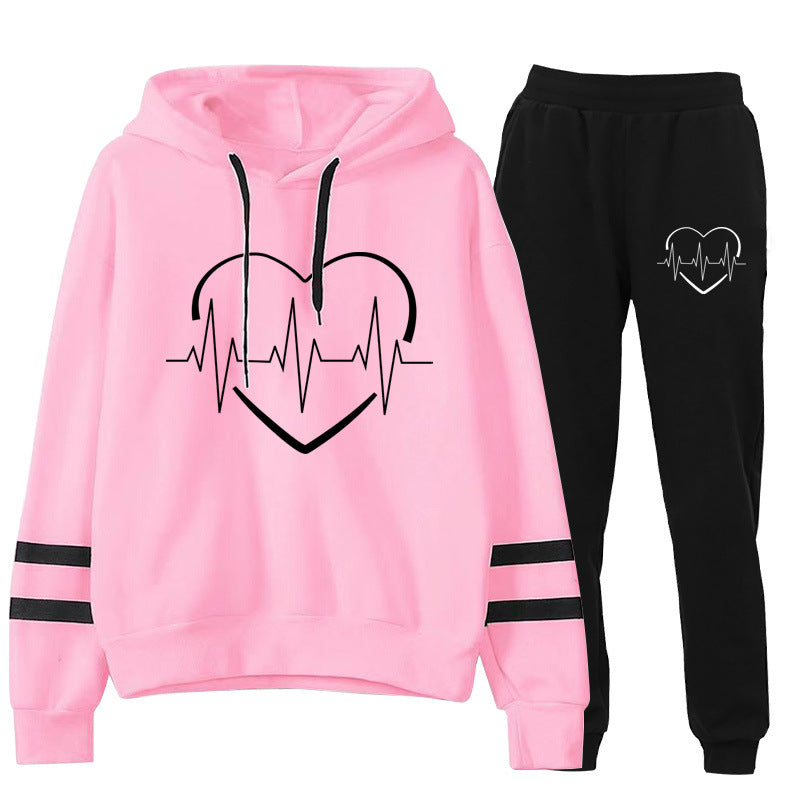 Cross-border foreign trade Europe and the United States electrocardiogram love printing long sleeve parallel bars striped sweater pants suit autumn and winter European size