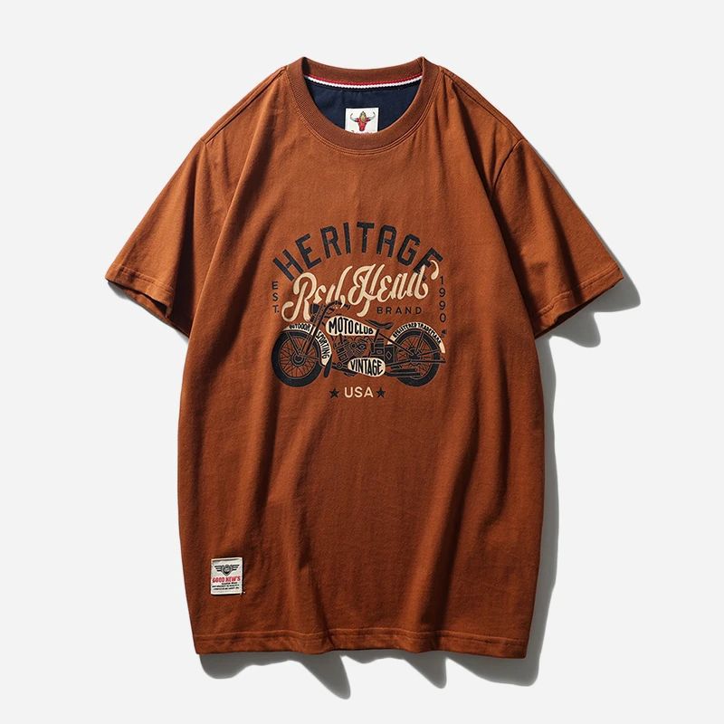 Summer men's American retro 220g technology sanding heavy industry wash cotton Ami khaji printed short sleeve solid color T-shirt
