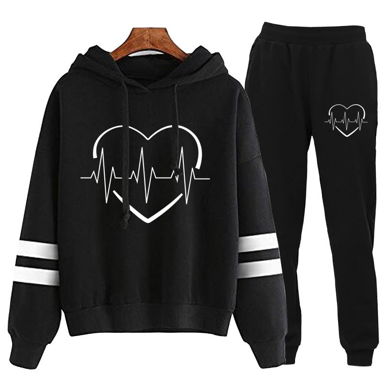 Cross-border foreign trade Europe and the United States electrocardiogram love printing long sleeve parallel bars striped sweater pants suit autumn and winter European size