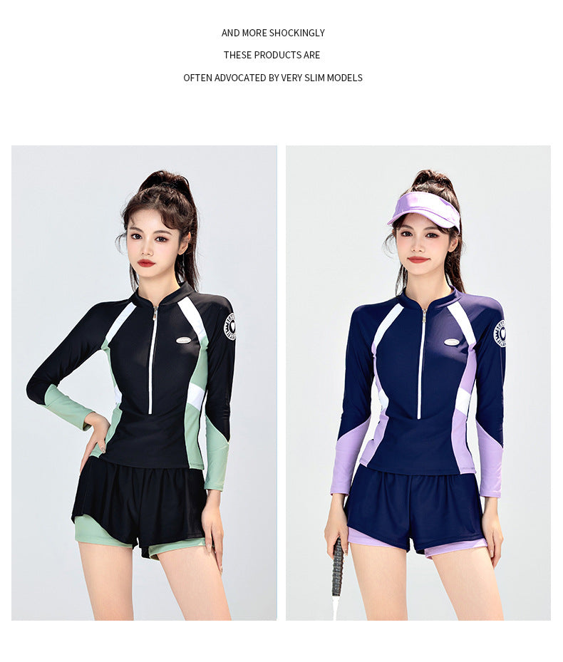Swimsuit Female Student Sports Girl Conservative Split Boxer Long-Sleeved Swimsuit Hot Spring New 2025 Sun Protection Slimming Look