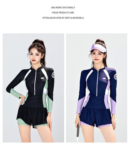 Swimsuit Female Student Sports Girl Conservative Split Boxer Long-Sleeved Swimsuit Hot Spring New 2025 Sun Protection Slimming Look