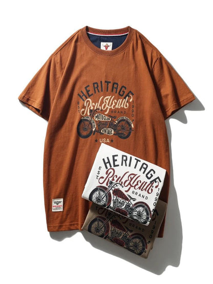 Summer men's American retro 220g technology sanding heavy industry wash cotton Ami khaji printed short sleeve solid color T-shirt