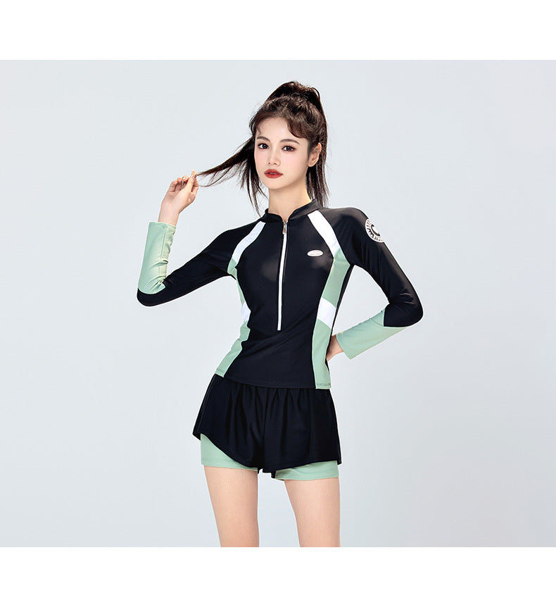 Swimsuit Female Student Sports Girl Conservative Split Boxer Long-Sleeved Swimsuit Hot Spring New 2025 Sun Protection Slimming Look
