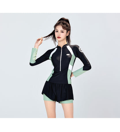 Swimsuit Female Student Sports Girl Conservative Split Boxer Long-Sleeved Swimsuit Hot Spring New 2025 Sun Protection Slimming Look