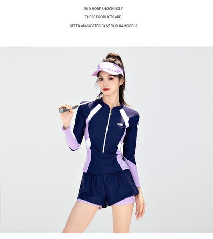 Swimsuit Female Student Sports Girl Conservative Split Boxer Long-Sleeved Swimsuit Hot Spring New 2025 Sun Protection Slimming Look