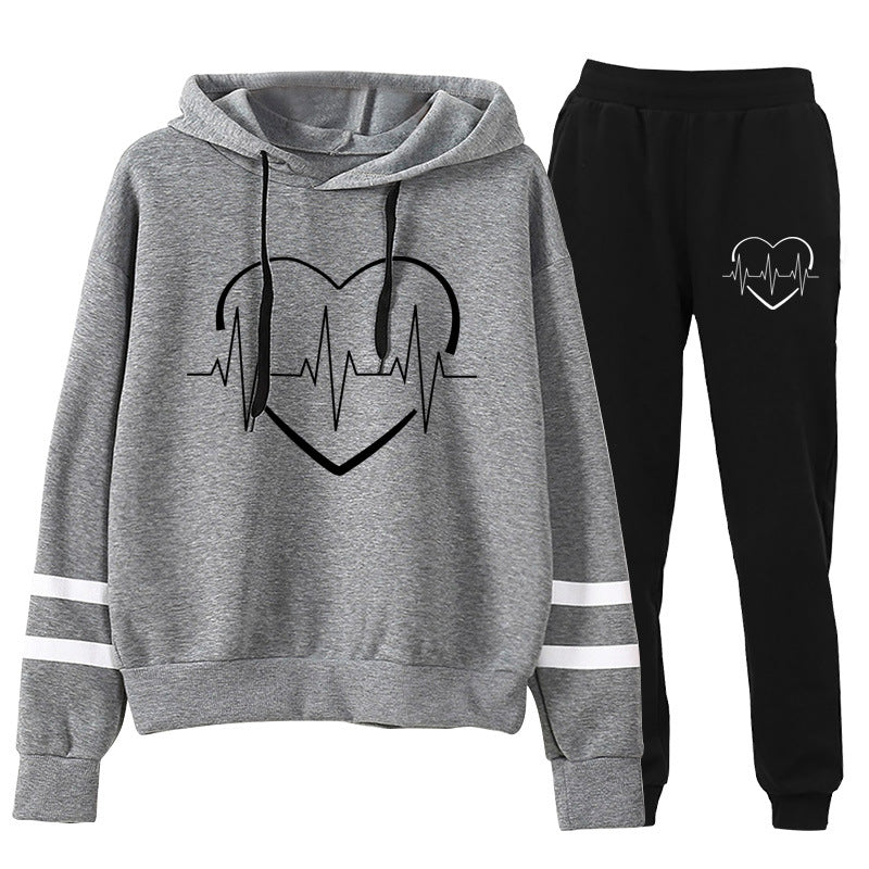 Cross-border foreign trade Europe and the United States electrocardiogram love printing long sleeve parallel bars striped sweater pants suit autumn and winter European size