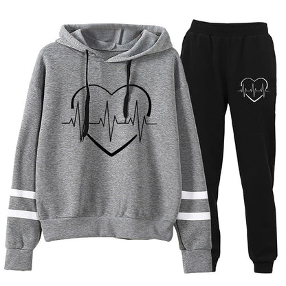 Cross-border foreign trade Europe and the United States electrocardiogram love printing long sleeve parallel bars striped sweater pants suit autumn and winter European size