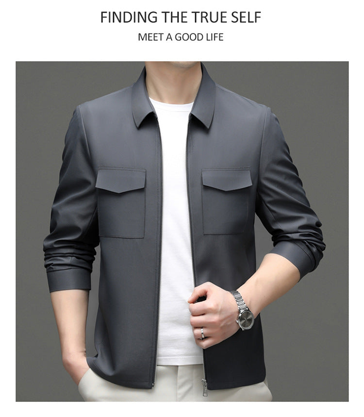 2026 Spring New Men's Jacket with Turn-Down Collar, Workwear Pockets, Short Style, Casual Top for Young and Middle-Aged Men, Trendy Men's Fashion