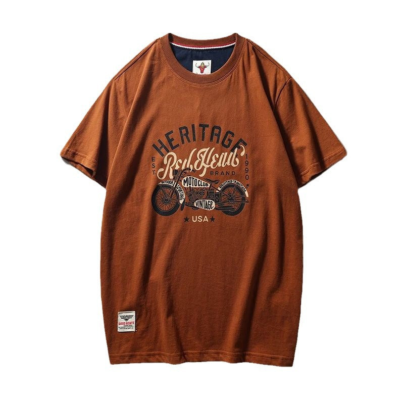 Summer men's American retro 220g technology sanding heavy industry wash cotton Ami khaji printed short sleeve solid color T-shirt
