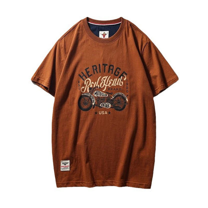 Summer men's American retro 220g technology sanding heavy industry wash cotton Ami khaji printed short sleeve solid color T-shirt