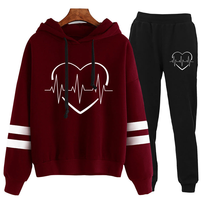 Cross-border foreign trade Europe and the United States electrocardiogram love printing long sleeve parallel bars striped sweater pants suit autumn and winter European size