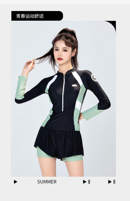 Swimsuit Female Student Sports Girl Conservative Split Boxer Long-Sleeved Swimsuit Hot Spring New 2025 Sun Protection Slimming Look