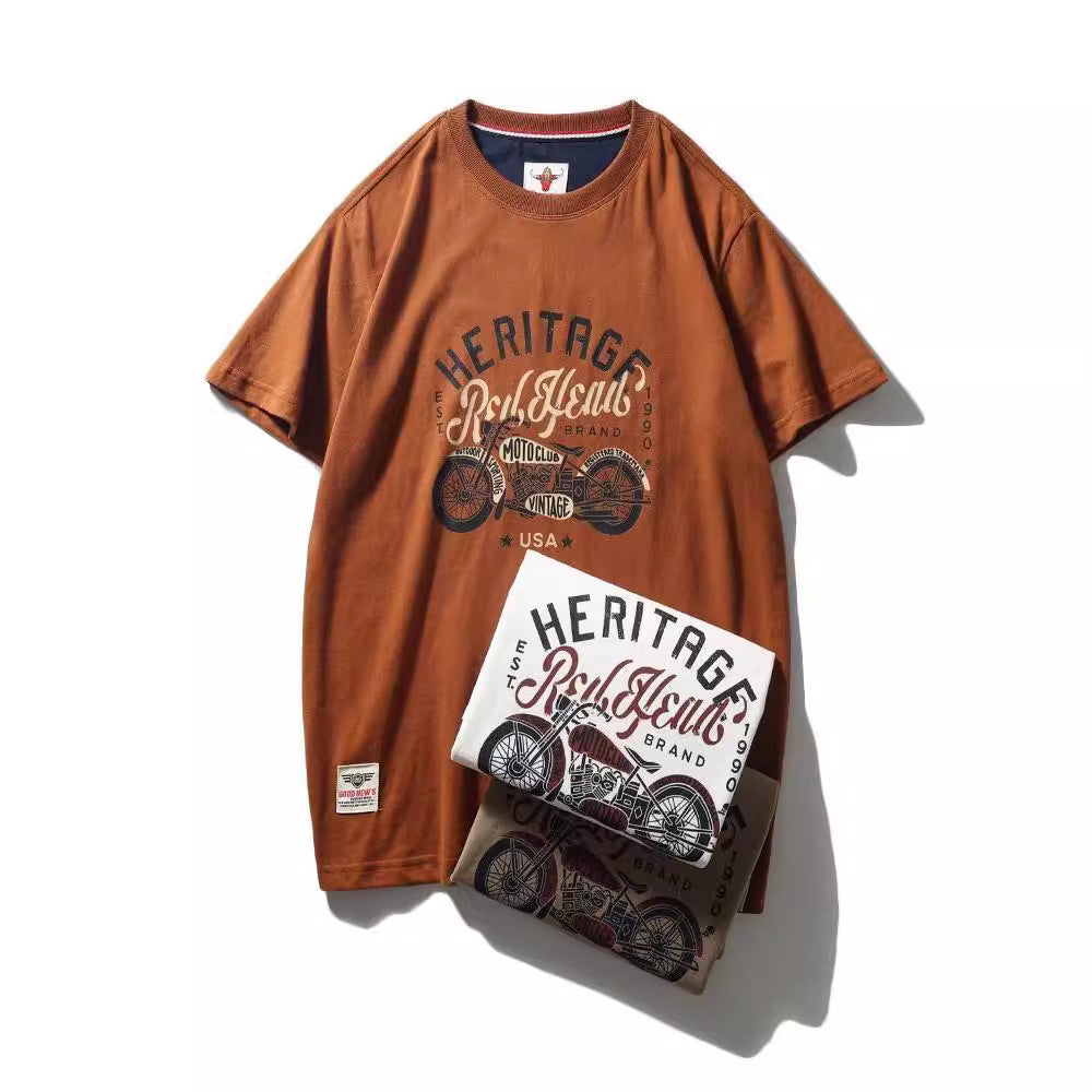 Summer men's American retro 220g technology sanding heavy industry wash cotton Ami khaji printed short sleeve solid color T-shirt
