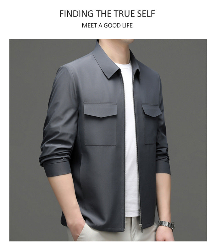 2026 Spring New Men's Jacket with Turn-Down Collar, Workwear Pockets, Short Style, Casual Top for Young and Middle-Aged Men, Trendy Men's Fashion