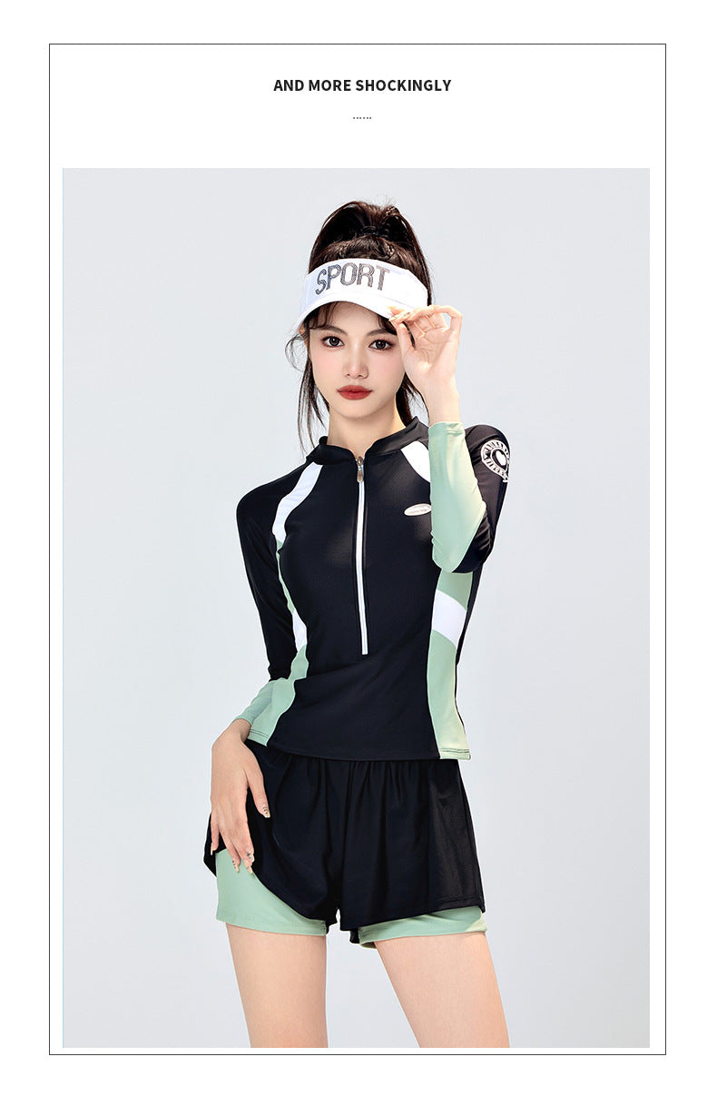 Swimsuit Female Student Sports Girl Conservative Split Boxer Long-Sleeved Swimsuit Hot Spring New 2025 Sun Protection Slimming Look